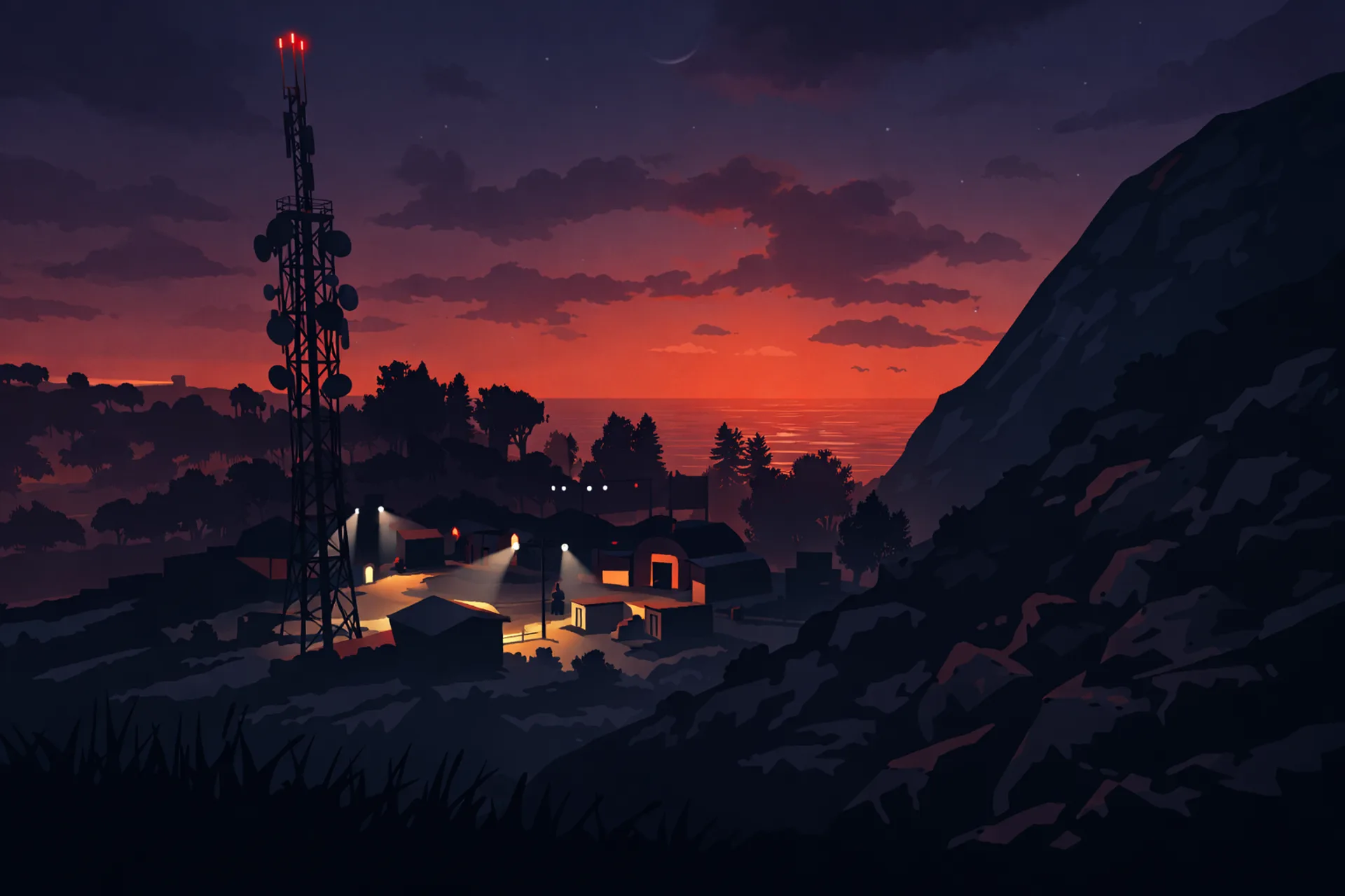 Rust base at night with radio tower